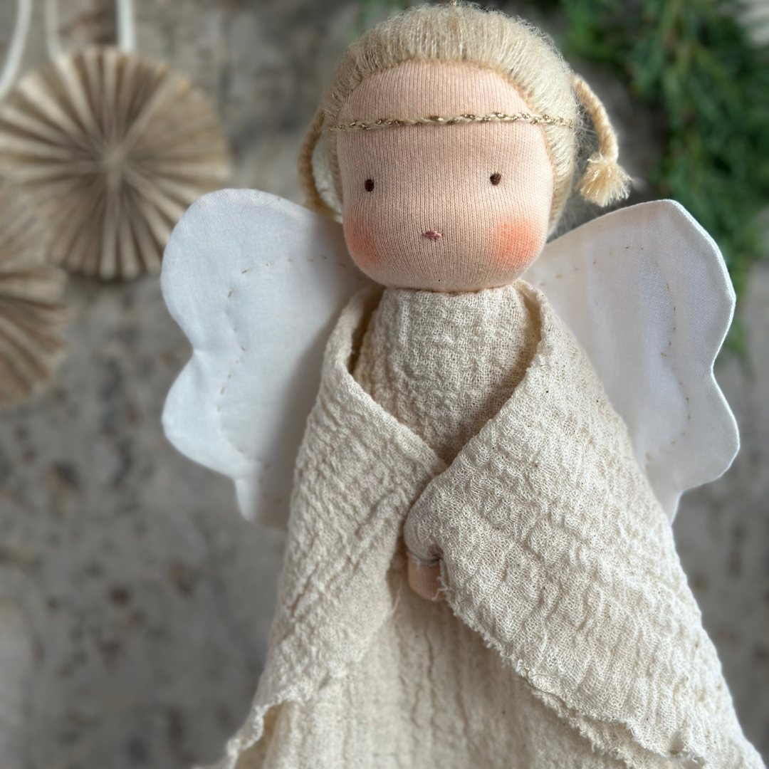 Angel doll Celina, Guardian Angel, with white retailer Boucle hair, blue and gold sprinkeled dress, grey felt wings, Waldorf inspired,